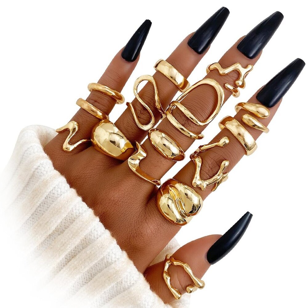 Gold Chunky Stackable Rings Set Adjustable Minima… - image 1